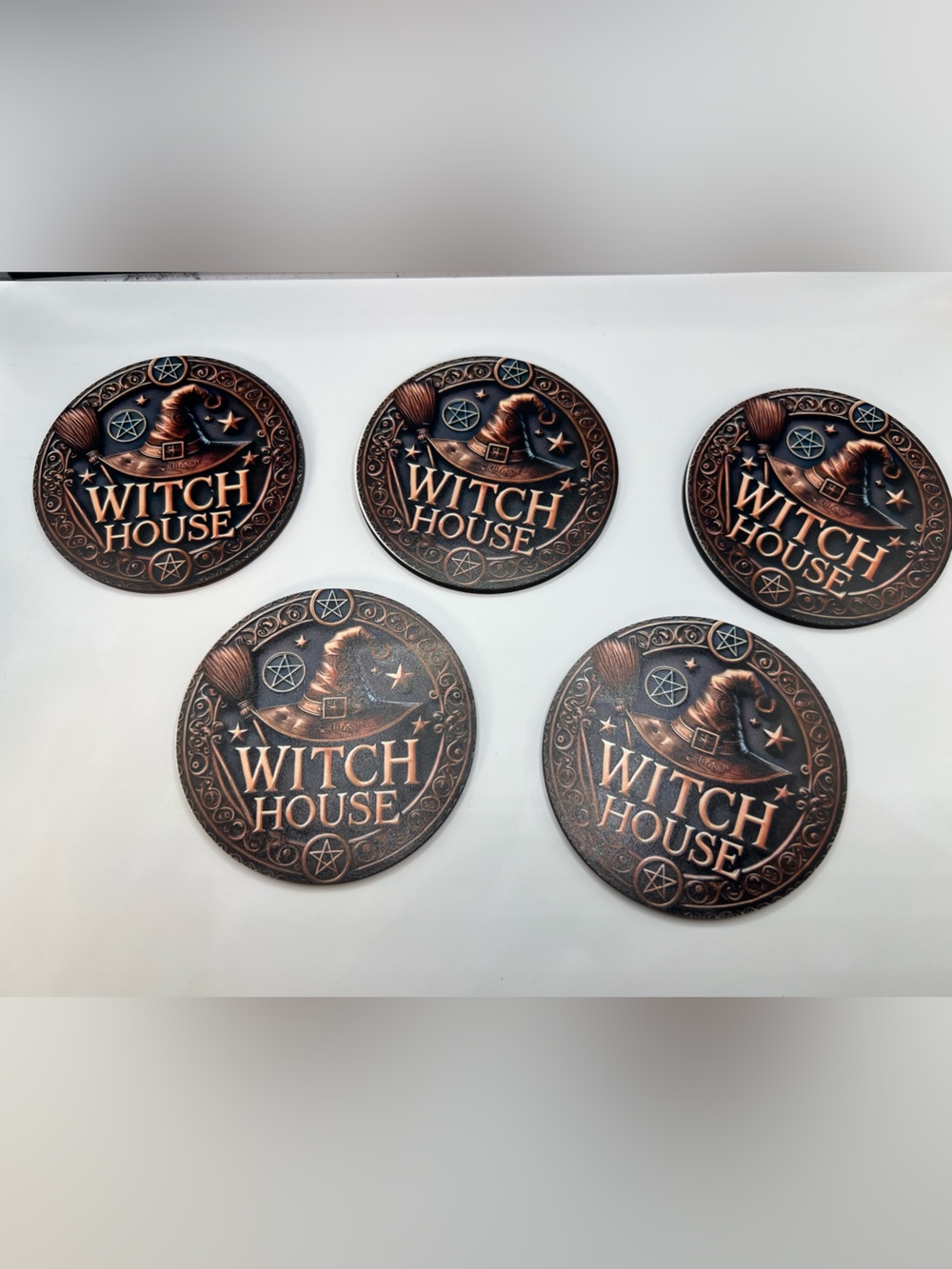 Gothic “Witch House” Non-Slip Wooden Decorative Coasters - Raised 3D 5 Pc- Set - Picture 1 of 4